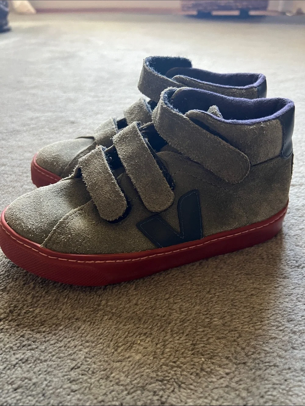 Veja Kids Olive Suede Sneakers with brown Sole and Navy Trim